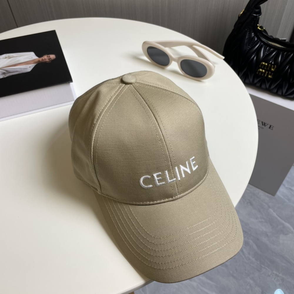 🤎Celine Khaki Baseball Cap, White Celine Letter Embroidery Adjustable Casual Hat